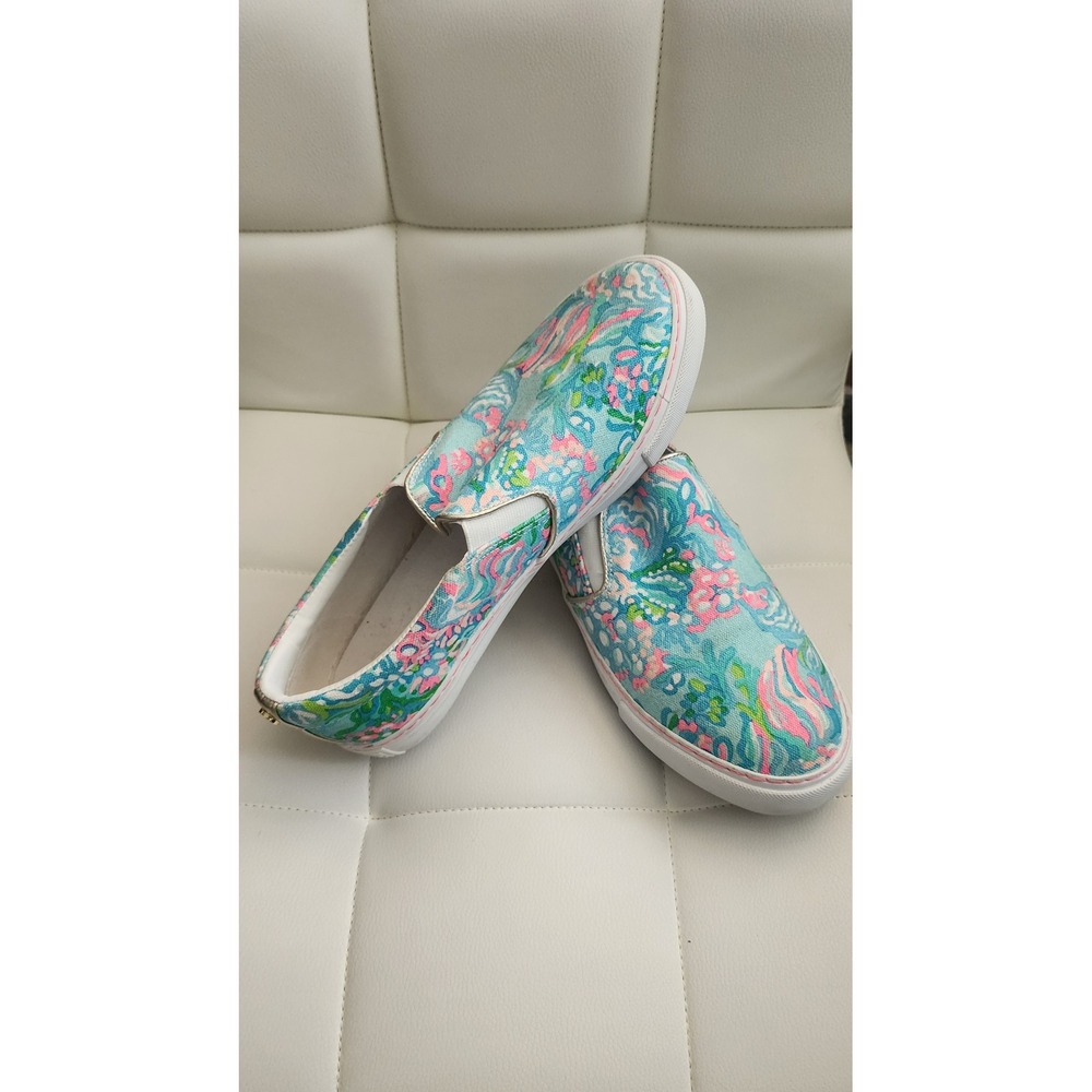 Lilly Pulitzer Women Turquoise Pink Floral Slip On Sneakers Gold Trim Flats